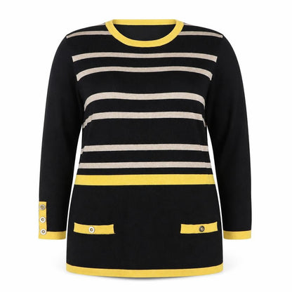 Text. Womens L Black Yellow Striped Pullover Knit Jumper
