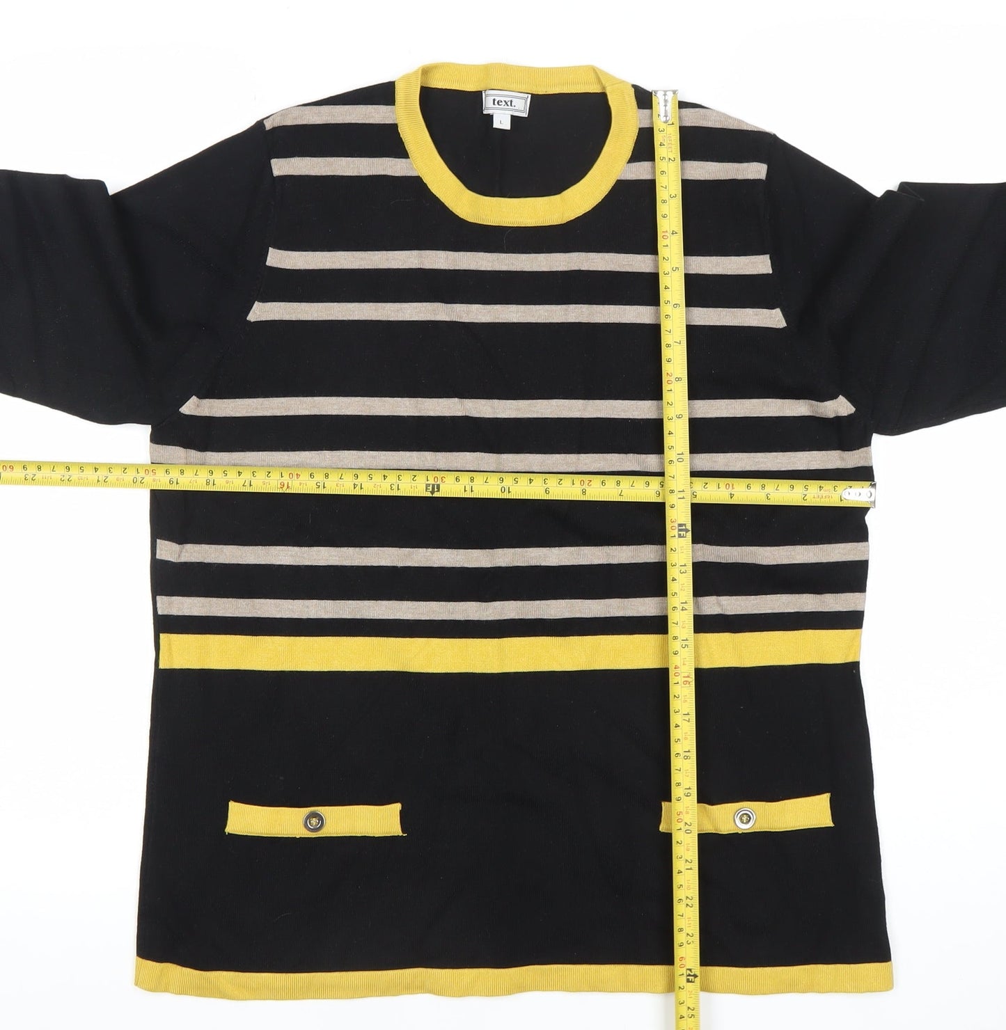 Text. Womens L Black Yellow Striped Pullover Knit Jumper