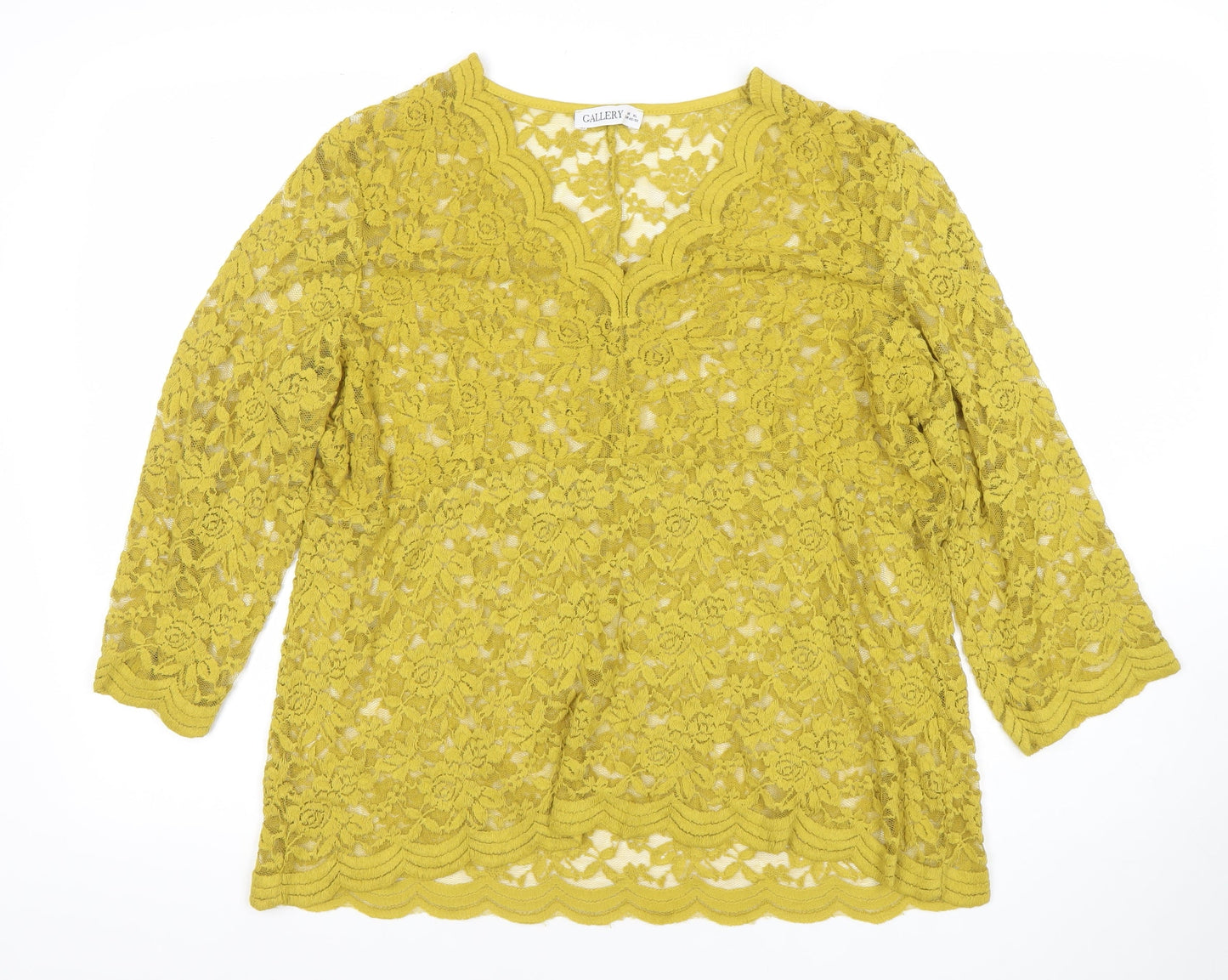 Gallery Womens Yellow Lace Tunic Blouse XL V-Neck 3/4 Sleeve