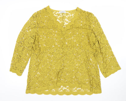 Gallery Womens Yellow Lace Tunic Blouse XL V-Neck 3/4 Sleeve