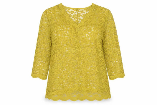 Front view of Gallery women’s yellow lace tunic blouse xl v-neck 3/4 sleeve
