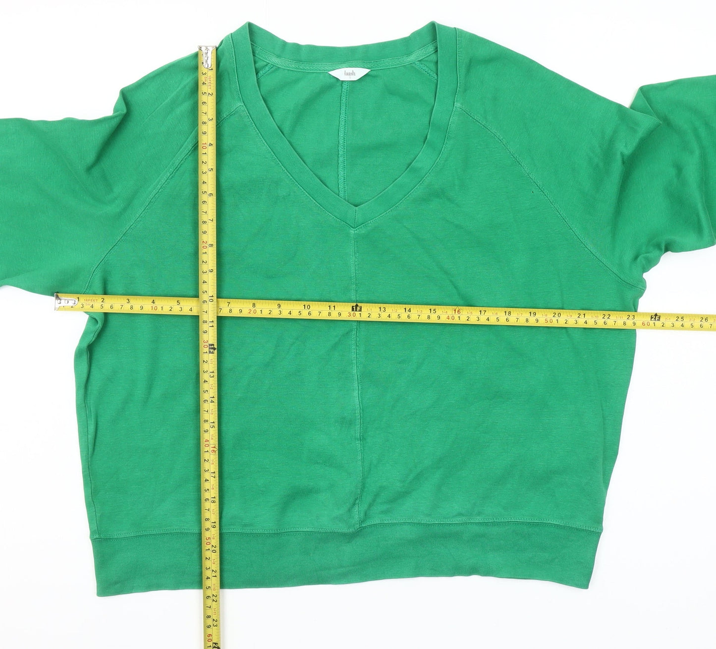 Hush Women's Green V-Neck Relaxed Fit Cotton Long Sleeve T-Shirt Size S