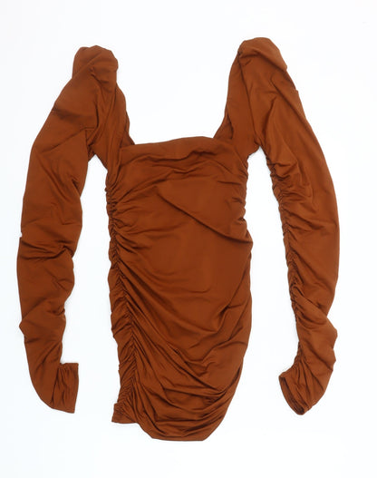Oh Polly Women Brown Size 10 Bodycon Mini Dress Long Sleeve Ruched