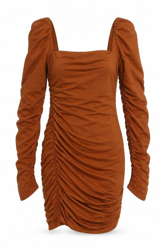 Oh Polly Women Brown Size 10 Bodycon Mini Dress Long Sleeve Ruched