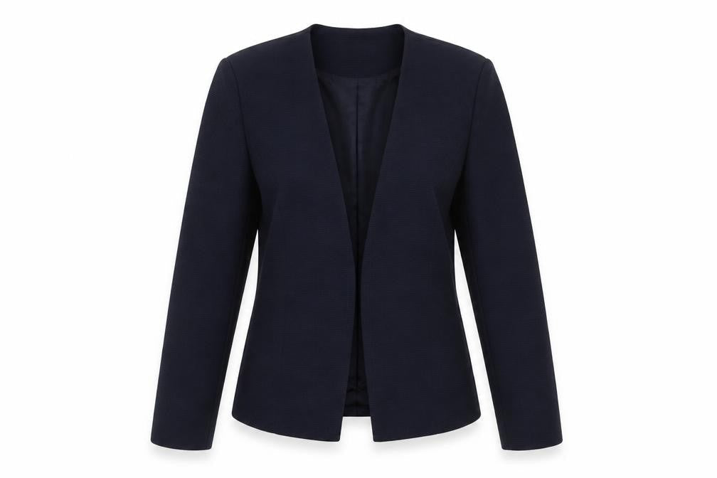 Front view of Only women’s blue tailored open front blazer jacket, size UK 10