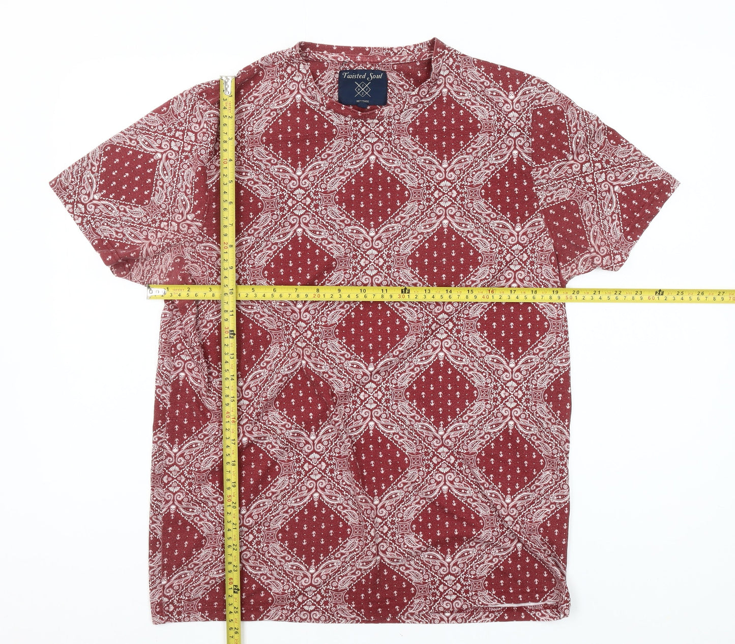 Twisted Soul Men Red Paisley Cotton T-Shirt Size L Crew Neck