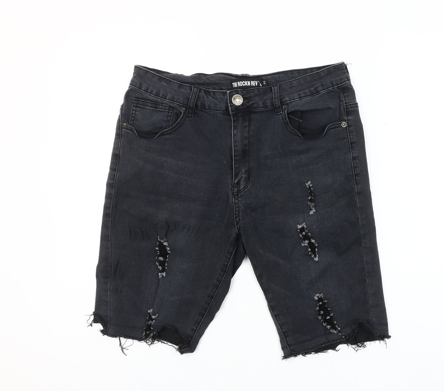 The Rockn Rev Men’s Black Denim Bermuda Shorts Size 34 Slim Fit Distressed