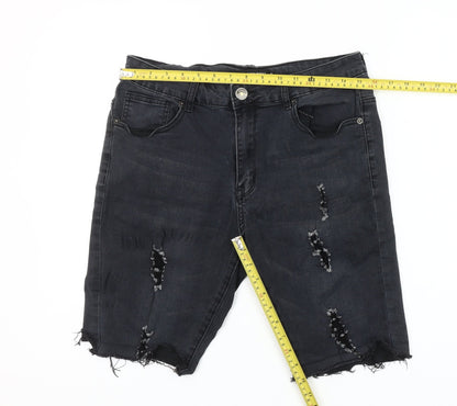 The Rockn Rev Men’s Black Denim Bermuda Shorts Size 34 Slim Fit Distressed