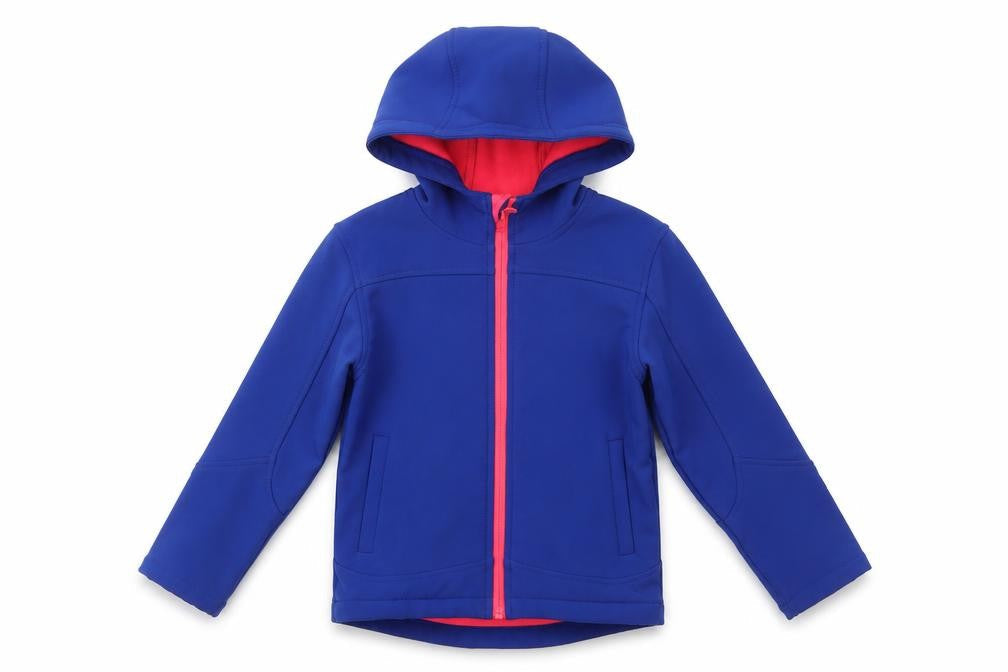Front view of Zakti boys’ blue softshell hooded jacket coat 5-6y water resistant