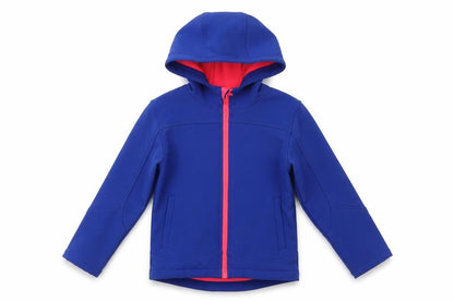Front view of Zakti boys’ blue softshell hooded jacket coat 5-6y water resistant