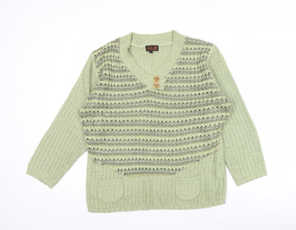 Tivoli Womens Green L Chunky Knit V-Neck Pullover Jumper