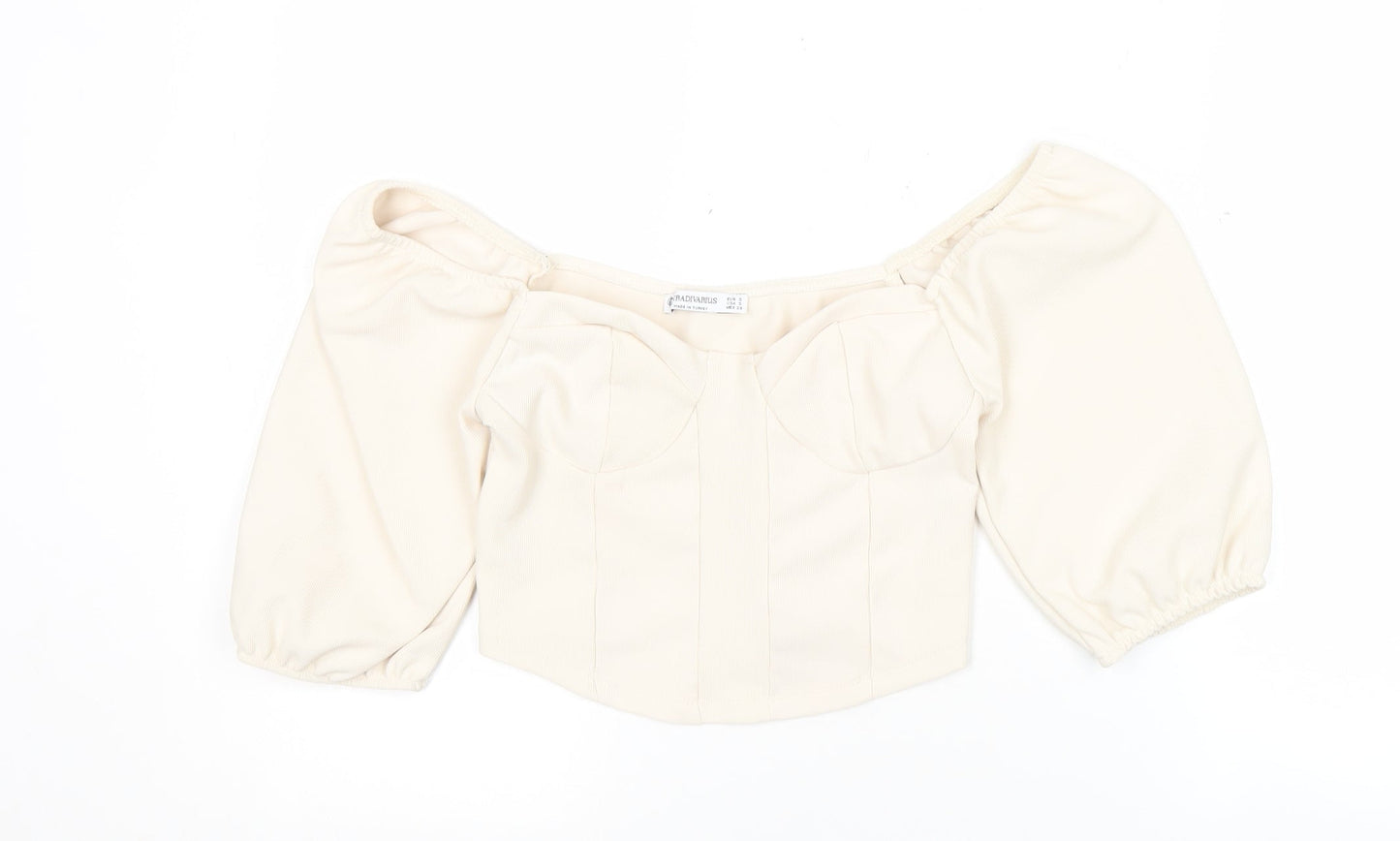 Stradivarius Women Ivory Cropped Puff Sleeve Blouse Size 8