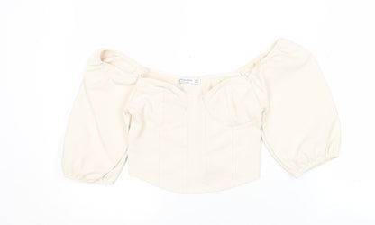 Stradivarius Women Ivory Cropped Puff Sleeve Blouse Size 8