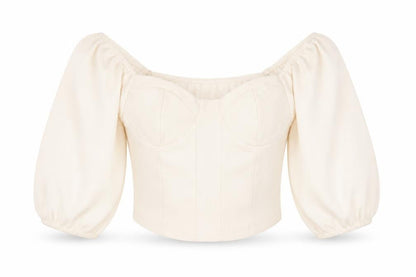 Stradivarius Women Ivory Cropped Puff Sleeve Blouse Size 8