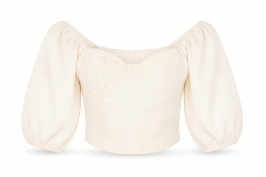 Stradivarius Women Ivory Cropped Puff Sleeve Blouse Size 8