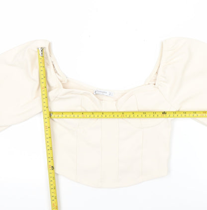 Stradivarius Women Ivory Cropped Puff Sleeve Blouse Size 8