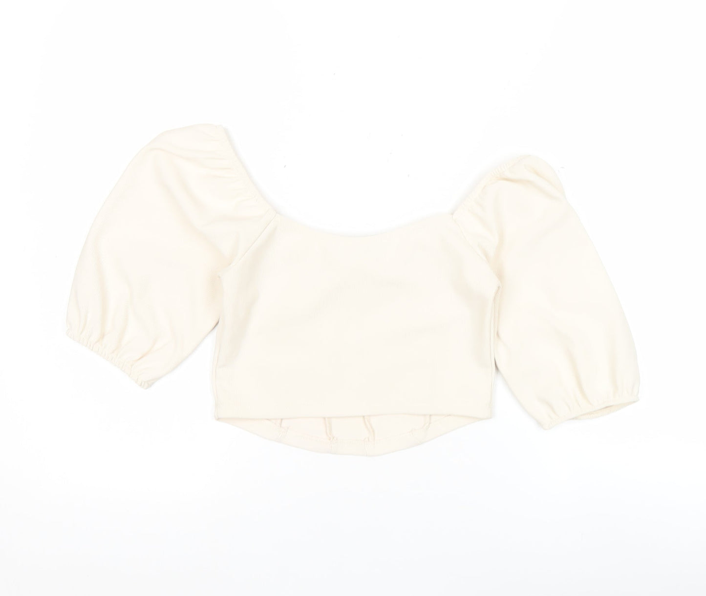 Stradivarius Women Ivory Cropped Puff Sleeve Blouse Size 8