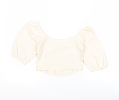 Stradivarius Women Ivory Cropped Puff Sleeve Blouse Size 8