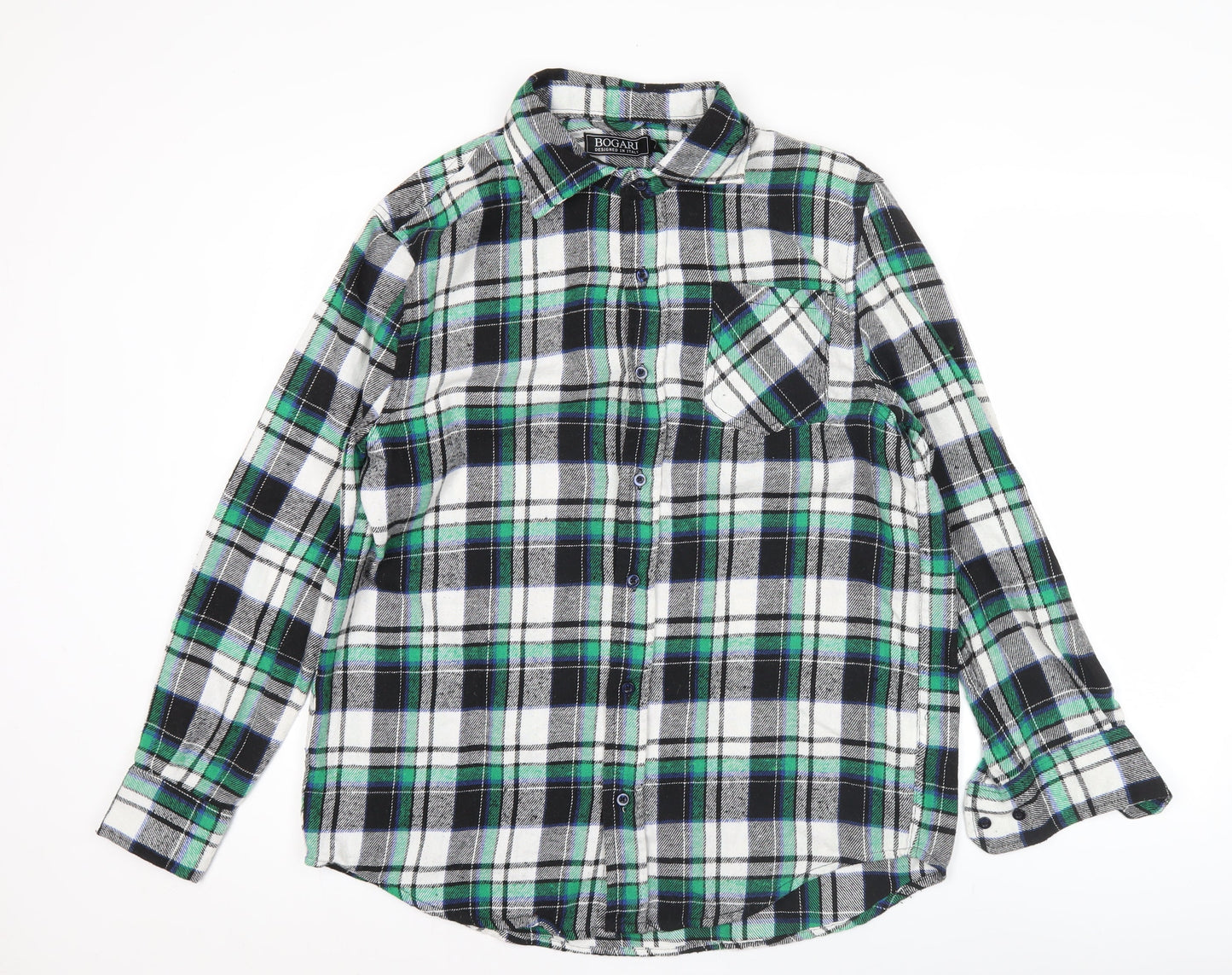 Bogari Men's Green Black White Plaid Flannel Shirt M Regular Long Sleeve