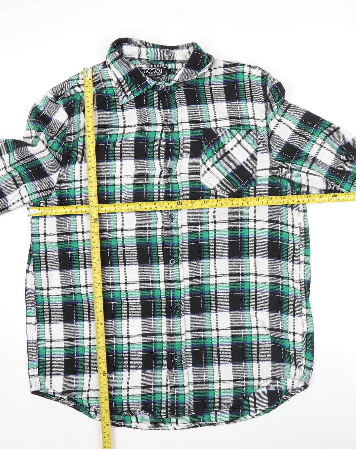 Bogari Men's Green Black White Plaid Flannel Shirt M Regular Long Sleeve