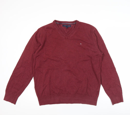 Tommy Hilfiger Men’s Red Cotton V-Neck Jumper Size L Pullover Knitwear