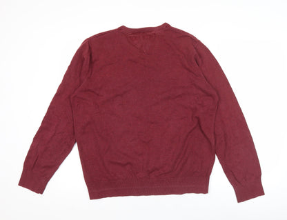 Tommy Hilfiger Men’s Red Cotton V-Neck Jumper Size L Pullover Knitwear