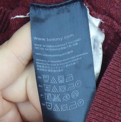 Tommy Hilfiger Men’s Red Cotton V-Neck Jumper Size L Pullover Knitwear