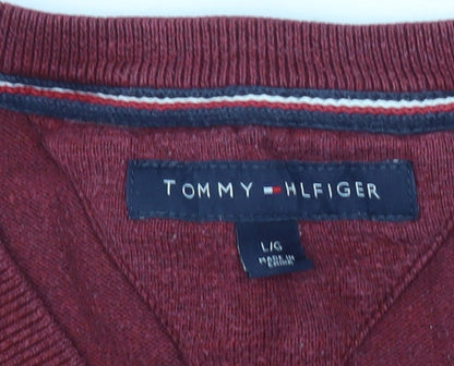 Tommy Hilfiger Men’s Red Cotton V-Neck Jumper Size L Pullover Knitwear