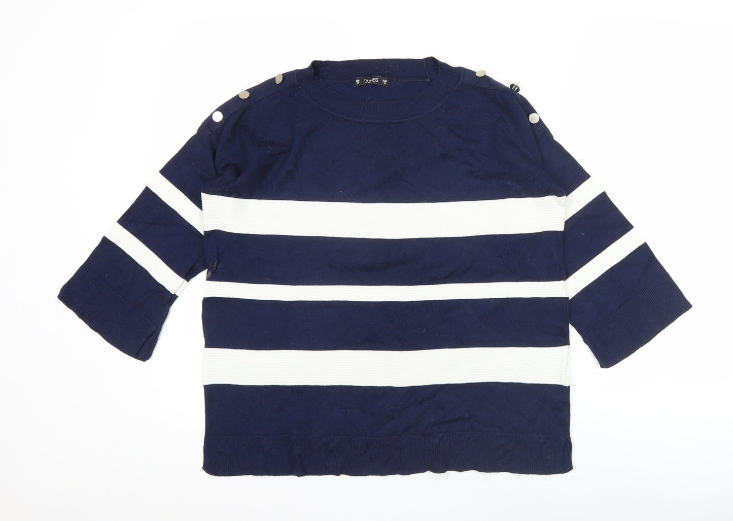Dunes Women Blue Striped 3/4 Sleeve Crew Neck Button Blouse M