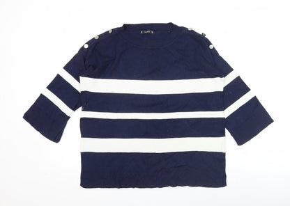 Dunes Women Blue Striped 3/4 Sleeve Crew Neck Button Blouse M