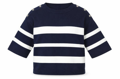 Front view of Dunes Women Blue Striped 3/4 Sleeve Crew Neck Button Blouse M