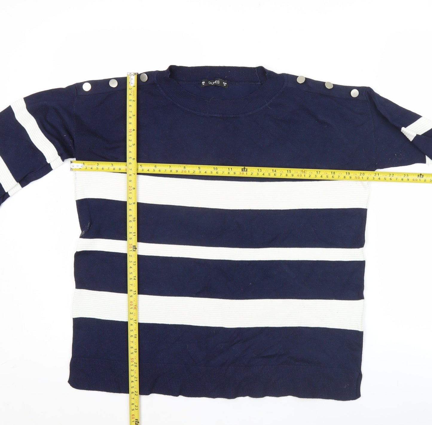 Dunes Women Blue Striped 3/4 Sleeve Crew Neck Button Blouse M