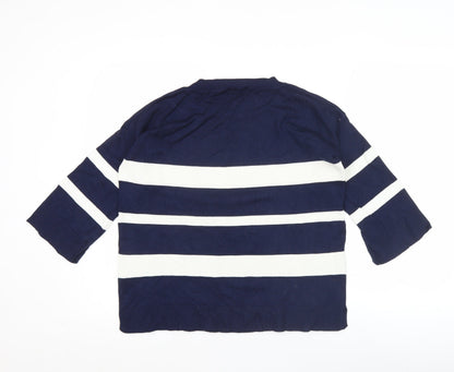 Dunes Women Blue Striped 3/4 Sleeve Crew Neck Button Blouse M