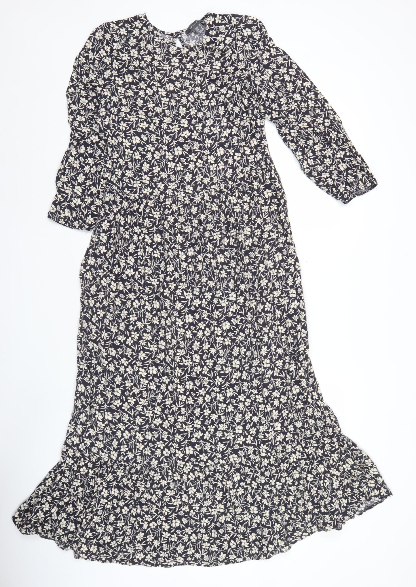 Primark Women’s Black Floral Midi A-Line Dress UK 8 Long Sleeve