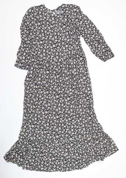 Primark Women’s Black Floral Midi A-Line Dress UK 8 Long Sleeve