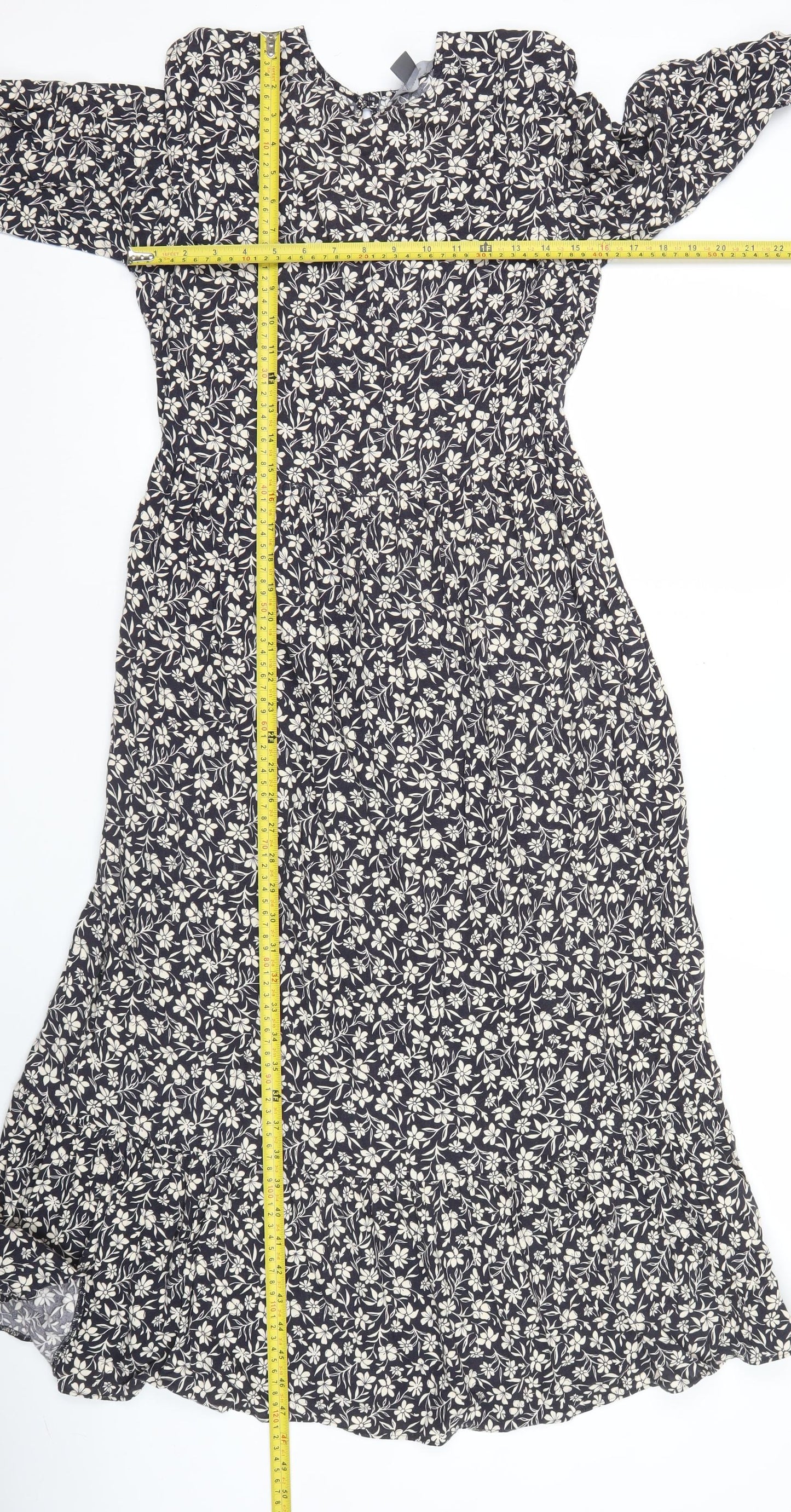 Primark Women’s Black Floral Midi A-Line Dress UK 8 Long Sleeve
