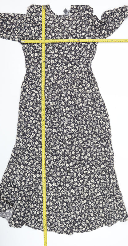 Primark Women’s Black Floral Midi A-Line Dress UK 8 Long Sleeve