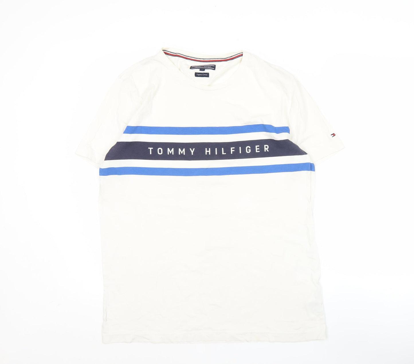 Tommy Hilfiger Men’s White Logo Stripe T-Shirt Size L Cotton