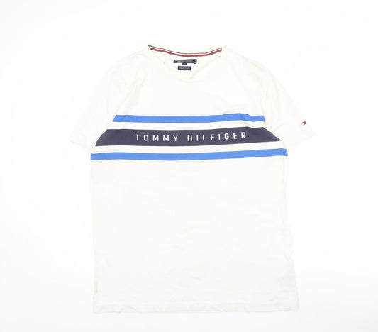 Tommy Hilfiger Men’s White Logo Stripe T-Shirt Size L Cotton