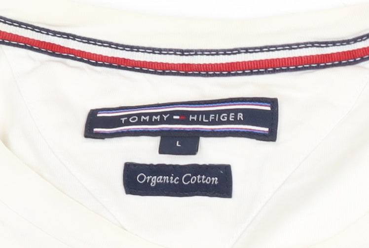 Tommy Hilfiger Men’s White Logo Stripe T-Shirt Size L Cotton