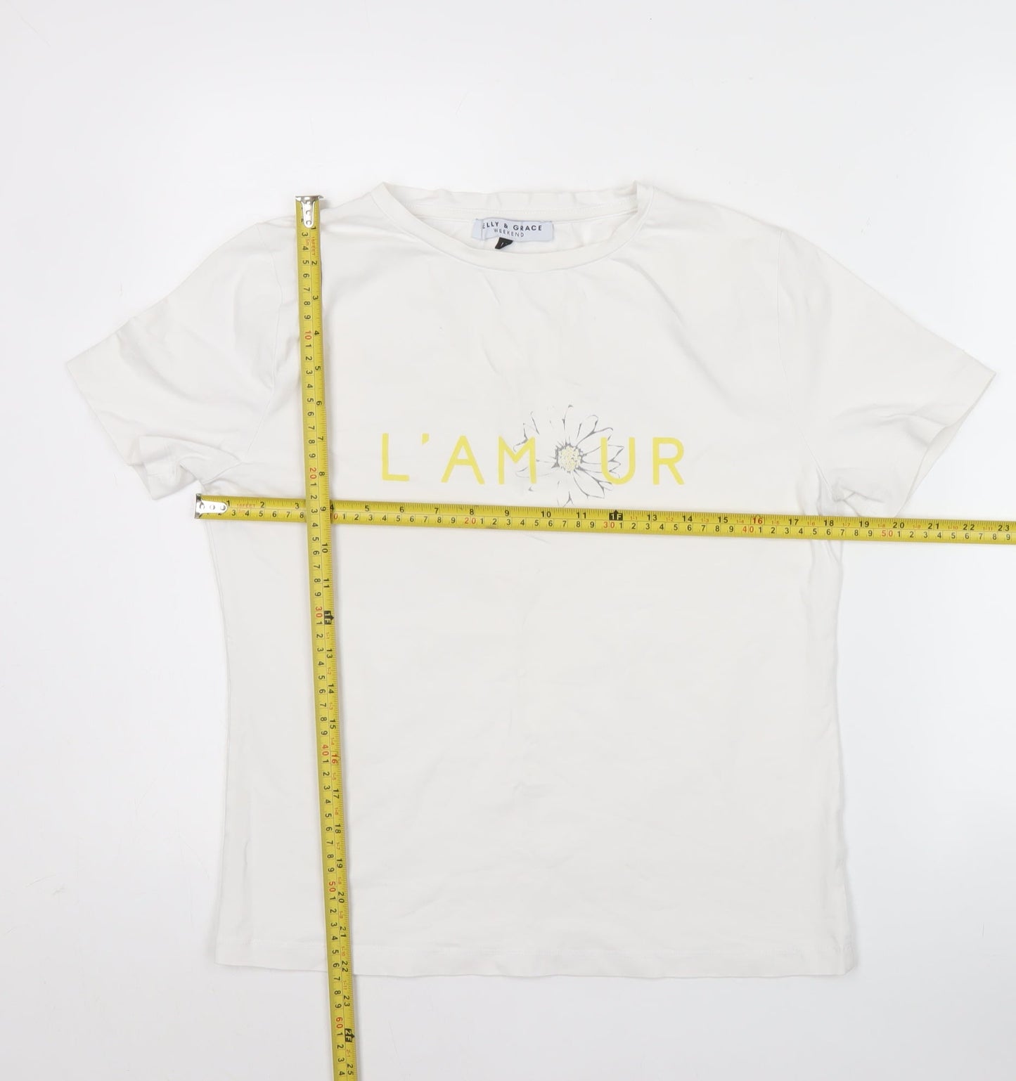 Elly & Grace Women White Graphic Cotton T-Shirt Medium Casual