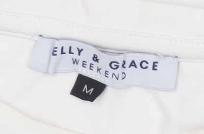 Elly & Grace Women White Graphic Cotton T-Shirt Medium Casual