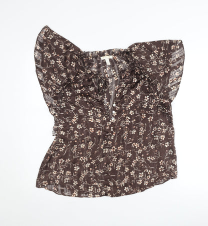 H&M Womens Brown Floral Chiffon Blouse Size 8 Flutter Sleeve