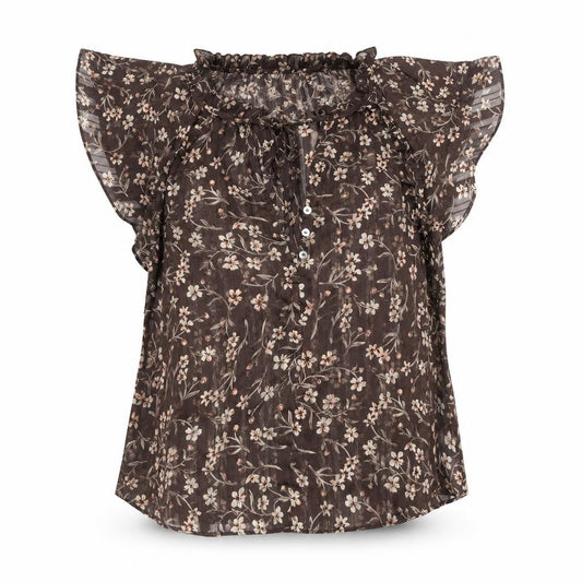 H&M Womens Brown Floral Chiffon Blouse Size 8 Flutter Sleeve