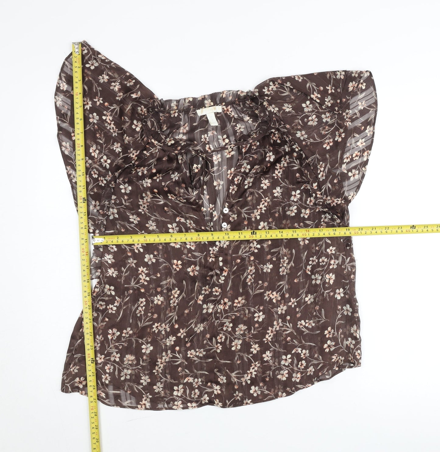 H&M Womens Brown Floral Chiffon Blouse Size 8 Flutter Sleeve