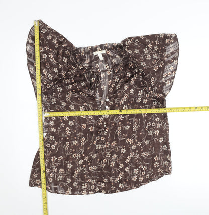 H&M Womens Brown Floral Chiffon Blouse Size 8 Flutter Sleeve