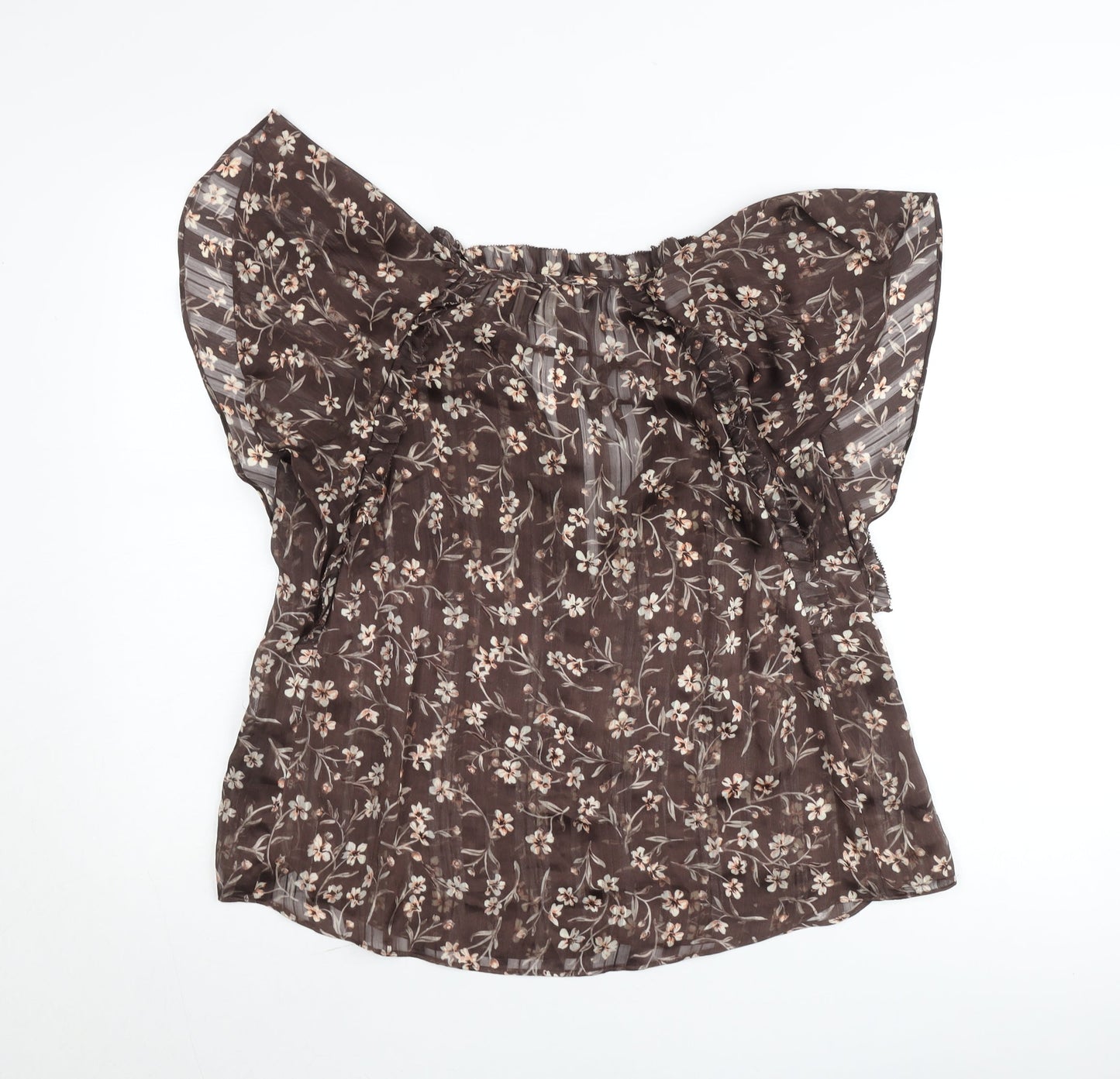 H&M Womens Brown Floral Chiffon Blouse Size 8 Flutter Sleeve