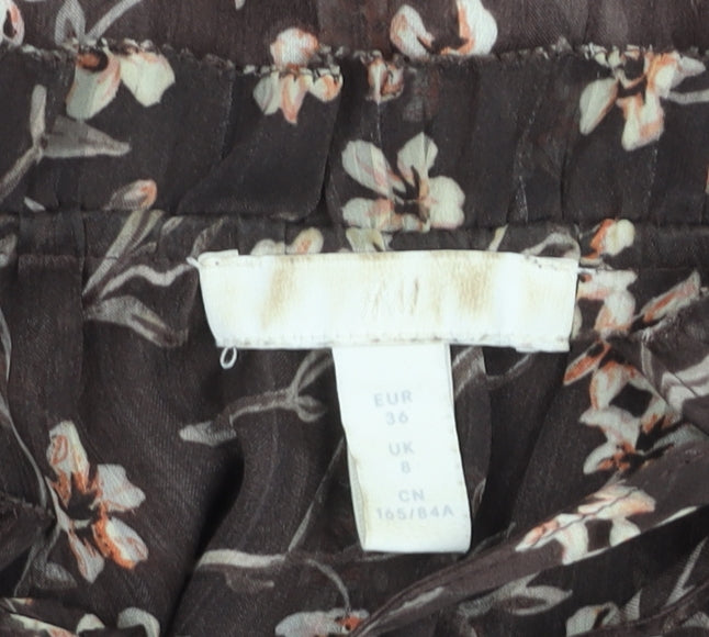 H&M Womens Brown Floral Chiffon Blouse Size 8 Flutter Sleeve