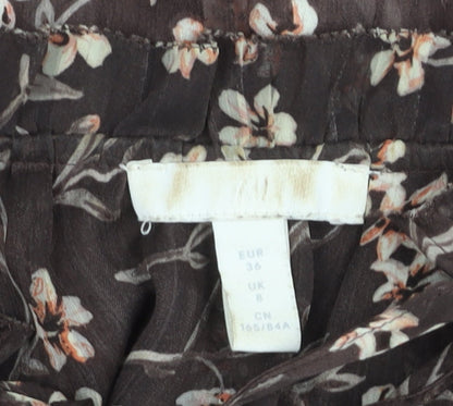 H&M Womens Brown Floral Chiffon Blouse Size 8 Flutter Sleeve
