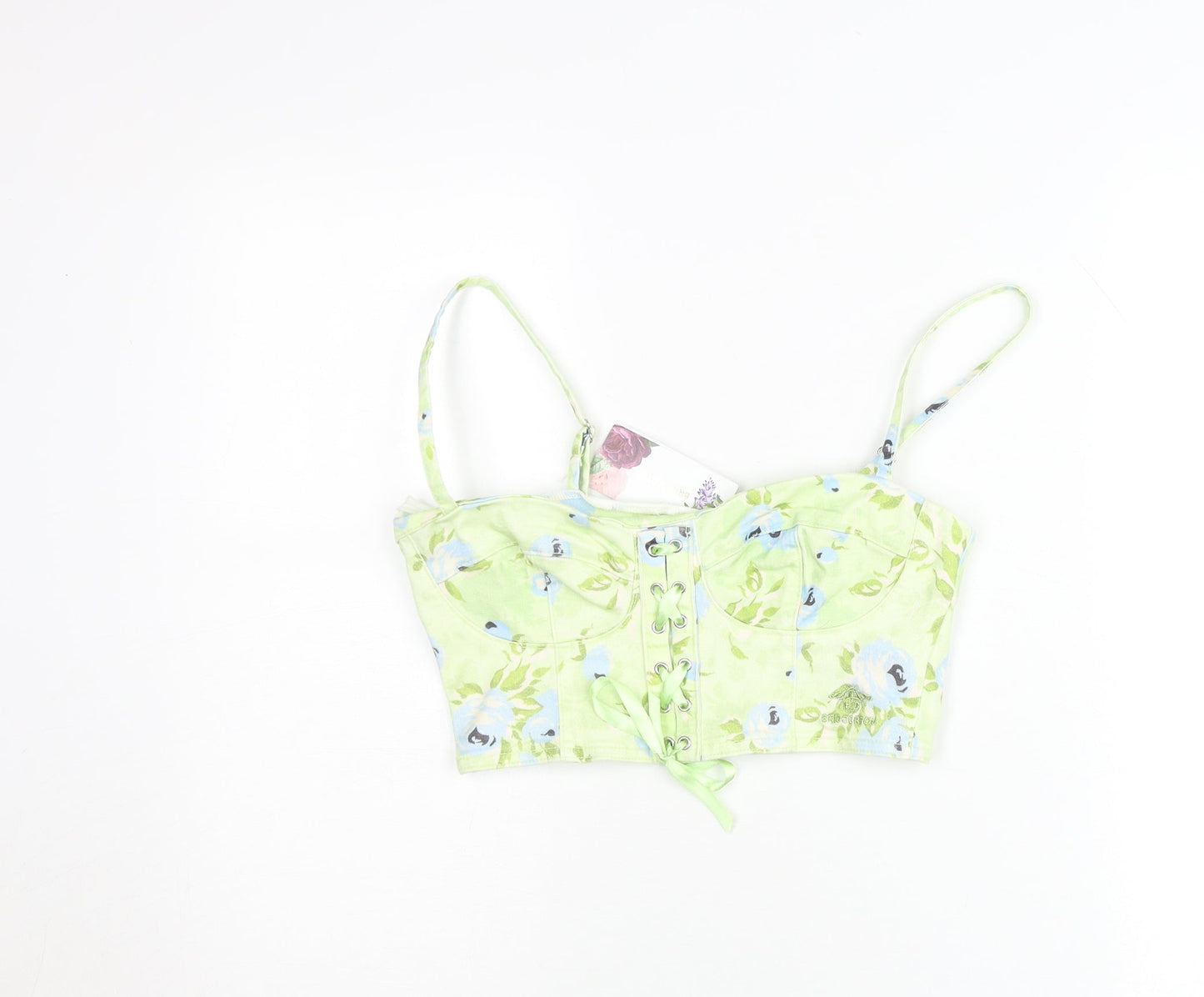 Stradivarius Women Green Floral Cropped Tank Top Size 8 Bridgerton